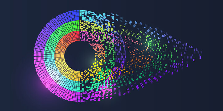 Big data visualization. Processing of data arrays, sorting. Filtering machine algorithms. Data stream in the form of an array of circles and binary code. Vector database background. Neon color design