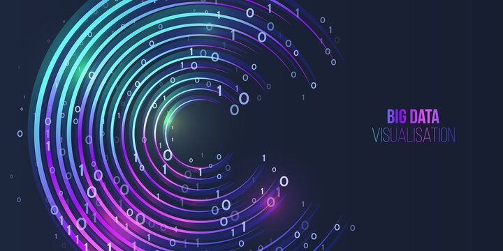 Processing of data arrays, sorting. Filtering machine algorithms. Data stream in the form of an array of circles and binary code. Vector database background. Neon color design. Big data visualization.