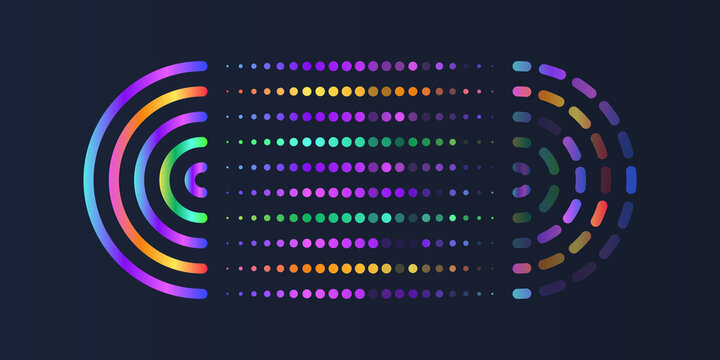 Filtering machine algorithms. Data stream in the form of an array of circles and binary code. Vector database background. Neon color design. Big data visualization. Processing of data arrays, sorting.