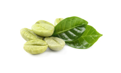Pile of green coffee beans and leaves on white background