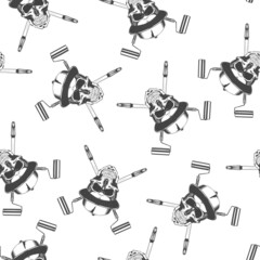Seamless pattern of vintage monochrome skull with baseball cap and crossed paint roller. Vector illustration