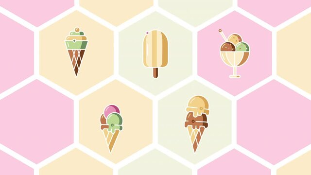 4k video of set of ice creams in flat style.