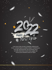 Fototapeta premium happy new year 2022 silver number with confetti isolated black background