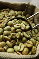 Green coffee beans and scoop in bag, closeup