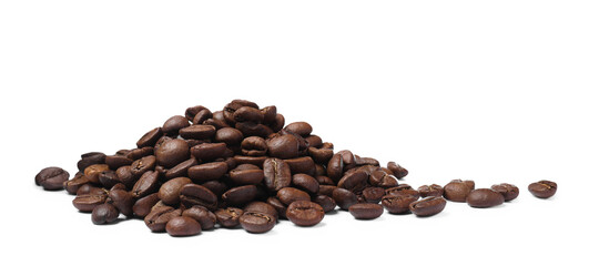 Pile of roasted coffee beans on white background