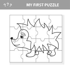 Cartoon Vector Illustration of Education Jigsaw Puzzle Game for Preschool Children with Funny Hedgehog Animal. My first puzzle and coloring page