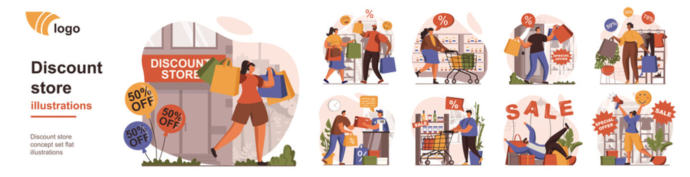Discount store concept isolated person situations. Collection of scenes with people make bargains at special prices at sales in stores and supermarkets. Mega set. Vector illustration in flat design