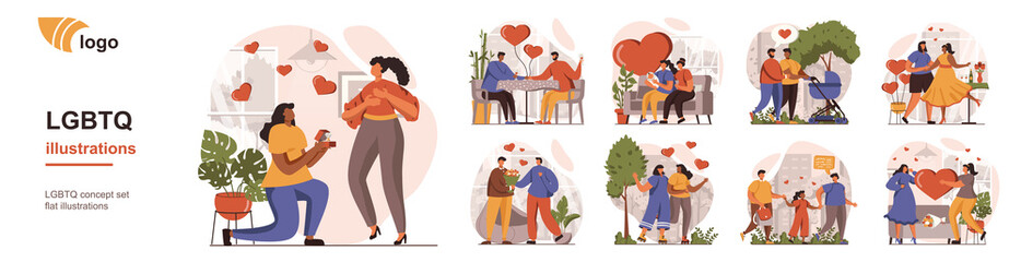 LGBTQ couples and families concept isolated person situations. Collection of scenes with people on romantic date, propose, adopt and raise kids together. Mega set. Vector illustration in flat design