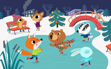 Cute baby animals skate on frozen river. Children have fun in the winter. Little fox, rabbit, badger and bear have fun in the ice rink. Holiday winter background with festive Christmas tree.