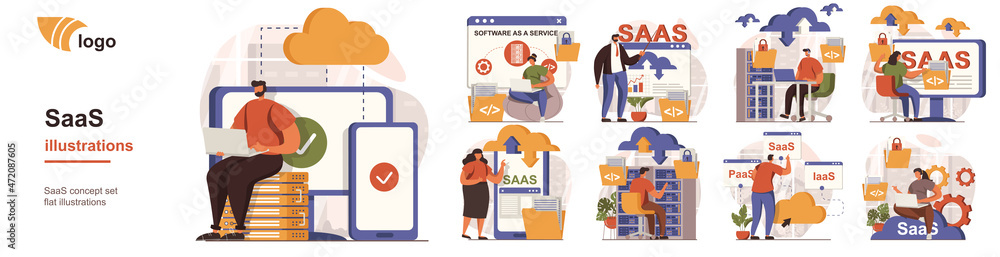 Aufkleber SaaS concept isolated person situations. Collection of scenes with people users use software as a service, subscription, cloud storage and computing. Mega set. Vector illustration in flat design