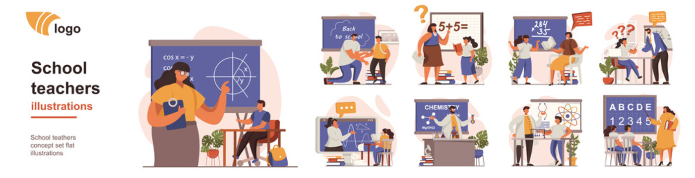 School teachers concept isolated person situations. Collection of scenes with people teach different lessons, explain math or chemistry to pupils in class. Mega set. Vector illustration in flat design