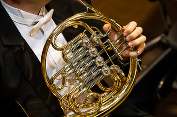 Obraz premium Philharmonist or musician playing to the french horn by the concert