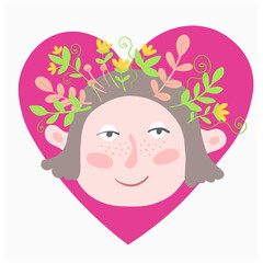 A flat illustration of a young girl with flowers in her head. People and world mental health day. 
