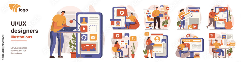 Aufkleber UI and UX designers concept isolated person situations. Collection of scenes with people create and optimize layouts interfaces for mobile applications. Mega set. Vector illustration in flat design