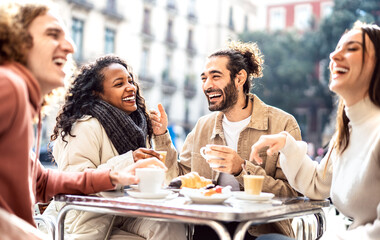 People group drinking cappuccino at coffee bar patio - Friends talking and having fun together at sidewalk cafeteria - Life style concept with happy men and women at cafe dehor - Warm bright filter - 472088021