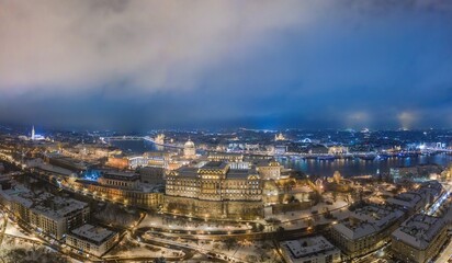 Fototapeta na wymiar Drone photo, panorama of buda castle and Danube Budapest, Hungary. Snow and winter.