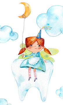 Funny redhead cute girl tooth fairy holding white dental watercolor hand drawn  illustration