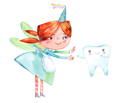 Funny redhead cute girl tooth fairy say hello to little tooth. Watercolor hand drawn illustration. Fantasy butterfly winged magic childish creature in apron and festive cap isolated. Teeth flying kid