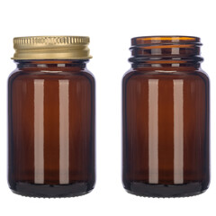 Bottle with brown glass insulated on white. Gold cap