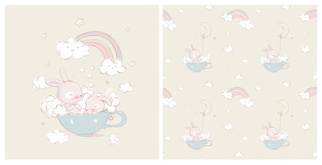 Seamless Pattern With Cute Little Bunnies. Rabbits take baths in a cup. Rainbow, foam and clouds in the background. Can be used for t-shirt print, kids wear fashion design, invitation card, packaging