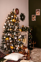 Beautiful Christmas tree in decorated living room. Festive interior