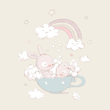 Cute little bunnies take baths in a cup. Funny rainbow, foam and clouds in the background. Can be used for t-shirt print, kids wear fashion design, baby shower invitation card, packaging