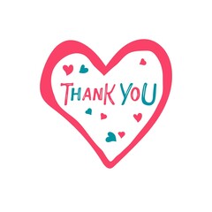 Thank You lettering with hand drawn red heart. St. Valentine's Day, Thank You day, Wedding card. Hand written lettering. Vector phrase and Flat hearts isolated. For poster, tshirt print.