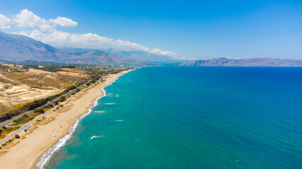 Rethymno city beach coast in Crete island, Greece from a drone.
