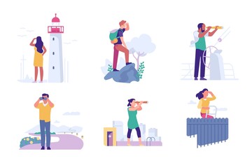 People look landscape. Men and women outdoor with binoculars, telescope and spyglasses peering into distance. Walking, traveling and observation. Forward vision, vector flat isolated set - obrazy, fototapety, plakaty