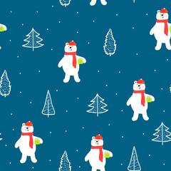 Christmas seamless pattern with white polar bear delivering giftbox,winter print for wrapping paper,pattern fills,interior and cover design,web page background, Christmas and New Year greeting cards.