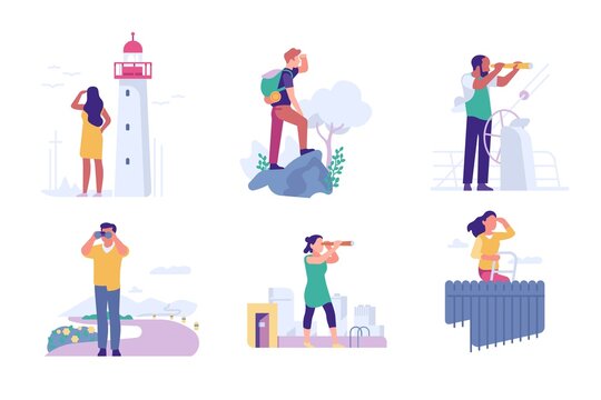 People look landscape. Men and women outdoor with binoculars, telescope and spyglasses peering into distance. Walking, traveling and observation. Forward vision, vector flat isolated set