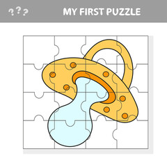 Jigsaw puzzle - parts of Pacifier. Educational children game, printable worksheet, vector illustration. My first puzzle