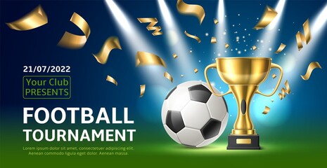 Football league tournament poster. Soccer ball with golden winner cup, flying confetti, invitation banner on sport competition, game award ceremony, championship advertising vector concept