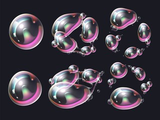 Soap bubble division stages. Realistic rainbow balls distortion, deformation and disintegration into several balloons in flight, 3d transparent colorful object, vector isolated set
