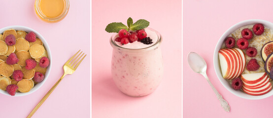 Collage of breakfast with berry and fruit on the pink background. Close-up.