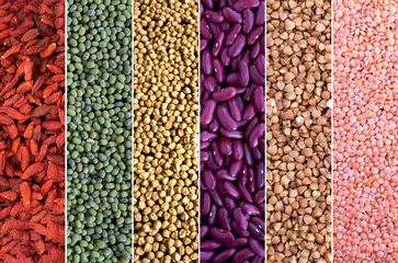 Collage of healthy food. Close-up on goji berry, lentils, beans ,mung, buckwheat and chickpea.