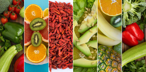 Collage of fruit and vegetable. Healthy food. Close-up.