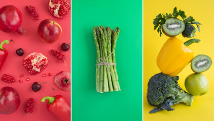 Collage of fruit and vegetable on the colored background. Healthy food. Close-up.