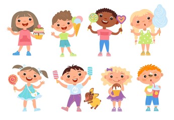 Fototapeta na wymiar Children eat sweets. Cute funny kids hold different sugar foods, candies, ice cream and cotton candy, happy girls and boys with lollipops and cakes standing, vector cartoon isolated set