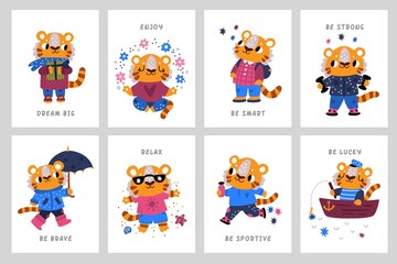 Cute tigers cards. Zodiac year funny characters, little predatory animals mascots, kids posters collection. Childish style illustration with motivation text. Vector cartoon flat isolated set
