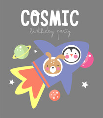 Space Party Invitation Card Template, Birthday Party in Cosmic Style Celebration, Greeting Card, Flyer Cartoon Vector. Kids illustration with rocket and Animal astronauts.