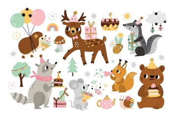 Obraz na płótnie Canvas Cute birthday animals. Kids holiday party, children cartoon forest characters with decorative attributes, celebration elements, hedgehog with balloons, bear eat cake vector set