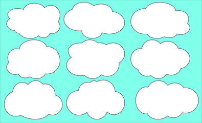 Set of cloud or bubble vectors of different shapes with blue background. Flat vectors set of clouds.