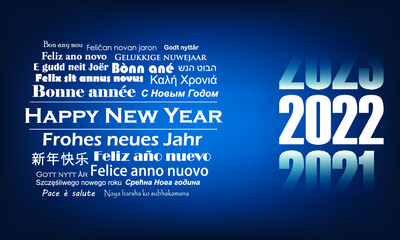 Happy New Year 2022 Greeting Card in Different Languages, vector