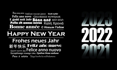 Happy New Year 2022 Greeting Card in Different Languages, vector