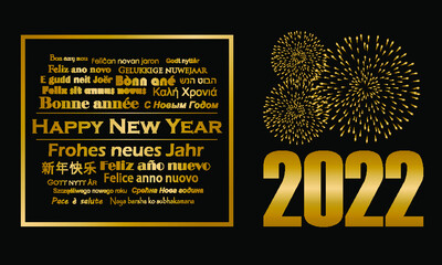 Happy New Year 2022 Greeting Card in Different Languages, vector