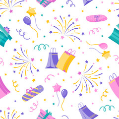 Seamless pattern with gifts, fireworks, ballons and stars. Vector color illustration on the white background.