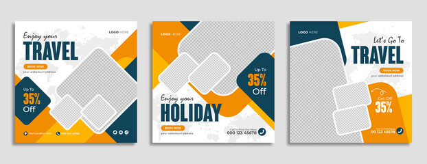Travel sale business marketing social media banner post template design with abstract background, logo and icon. Traveling or travelling & summer beach holiday promotion flyer or web poster.     - obrazy, fototapety, plakaty