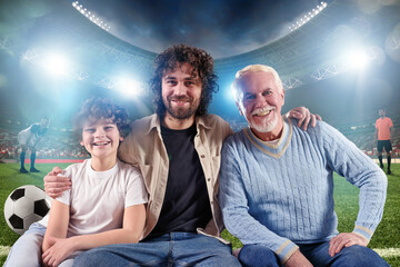 Grandfather, father e grandchild that watch a live streaming soccer match