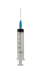 Medical syringe with a needle, ten milliliters, on a white background in isolation